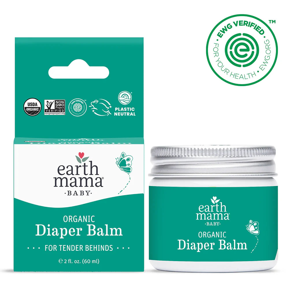 Packaging of Earth Mama Organic Diaper Balm for tender beads, showing the product and its certifications.