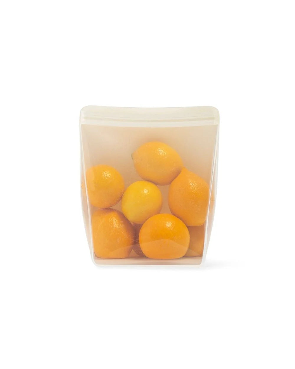 A clear silicone stand-up bag filled with orange fruits, with a solid white background.