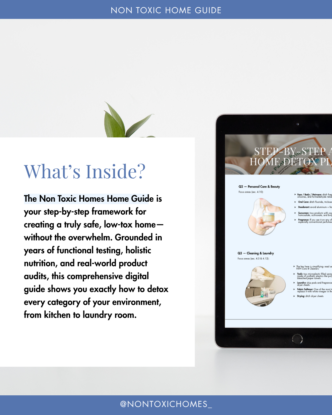 Non Toxic Home Guide with tablet displaying detox plan on a white background