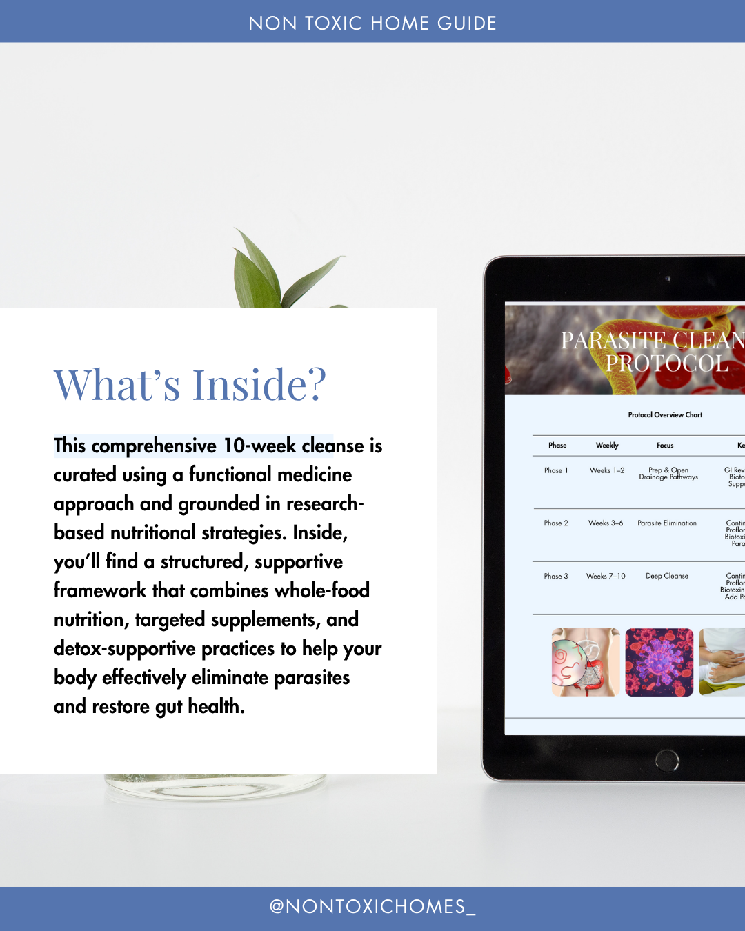Tablet displaying a cleanse protocol on a white surface with text about a non-toxic home guide.