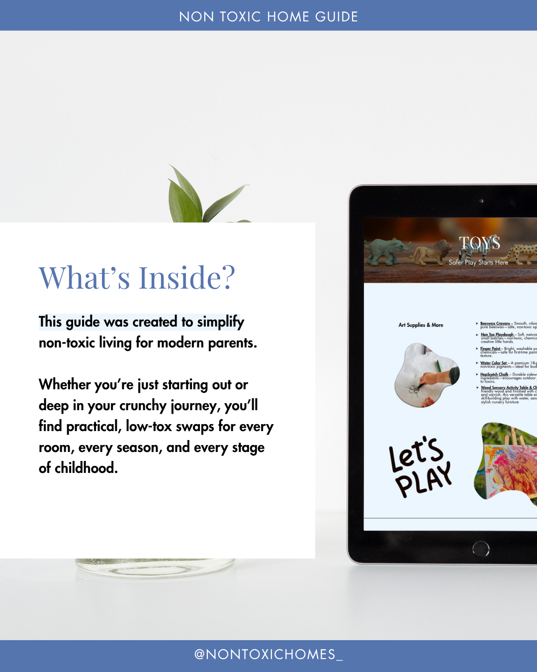 Non-toxic home guide with tablet displaying a toy store app on a white background