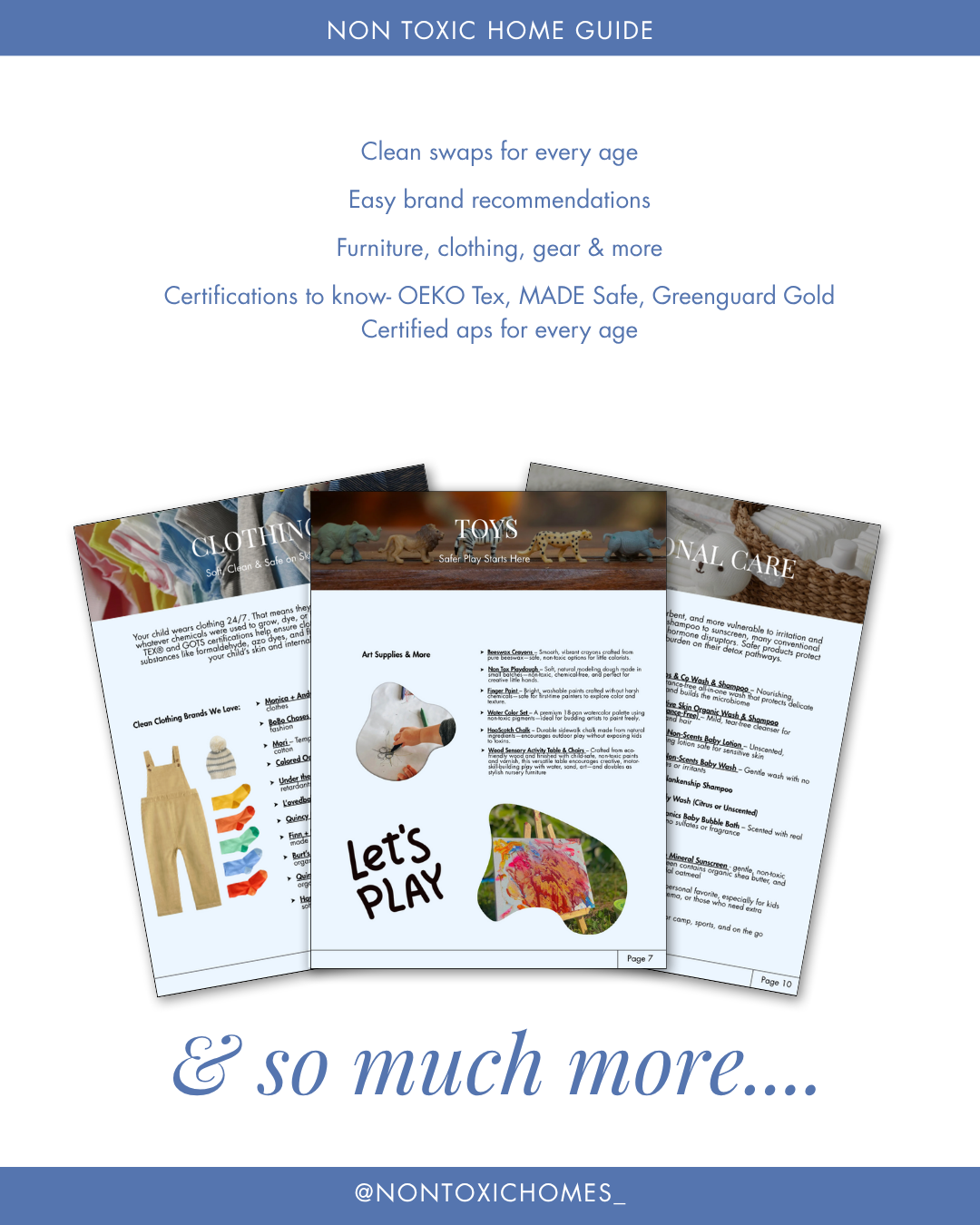 Non-toxic home guide with product pages and certification information on a white background.