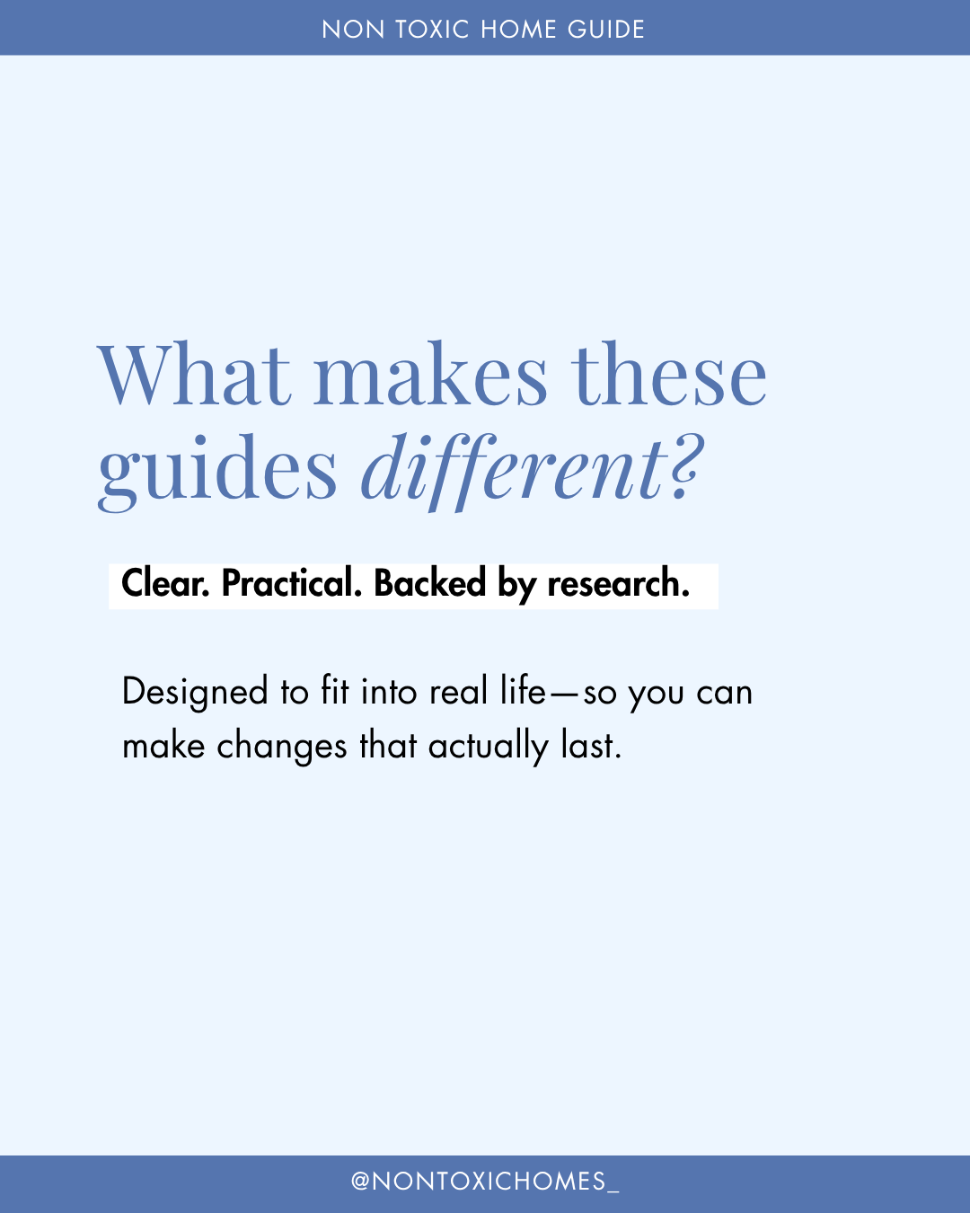 Text on a white background about non-toxic home guides with a blue banner at the top and bottom.