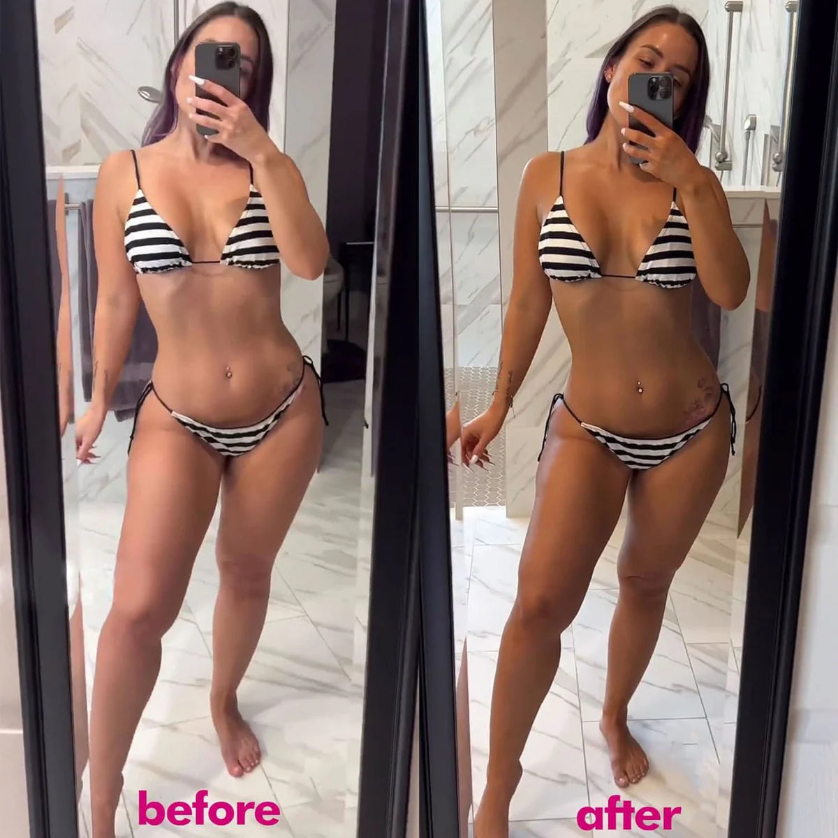 Side-by-side mirror selfies of a woman in a striped bikini labeled "before" and "after," suggesting body transformation in a bathroom setting.