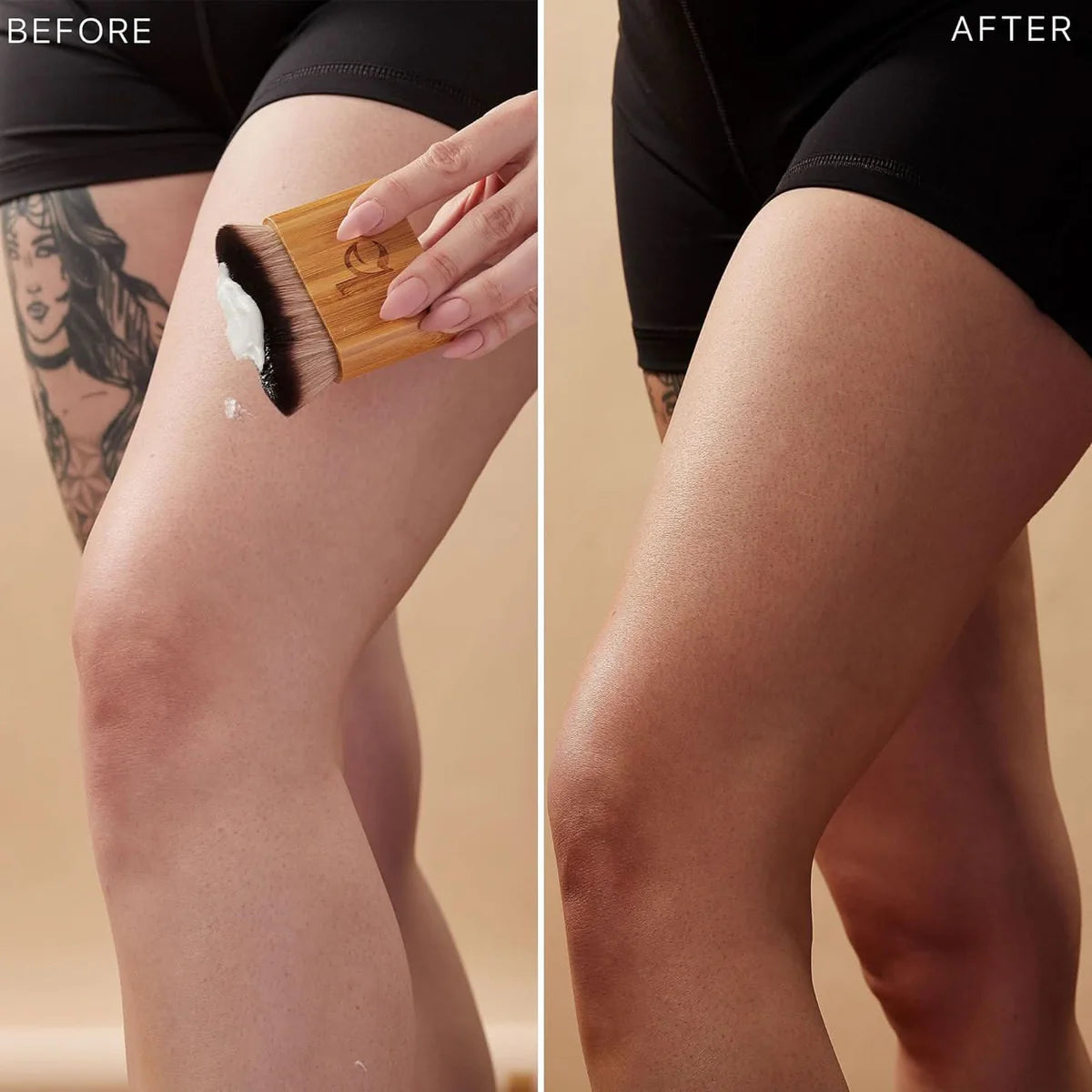 Before and after image of a person's thigh with a tattoo showing hair removal. Left: applying cream with a brush. Right: smooth, hair-free skin.