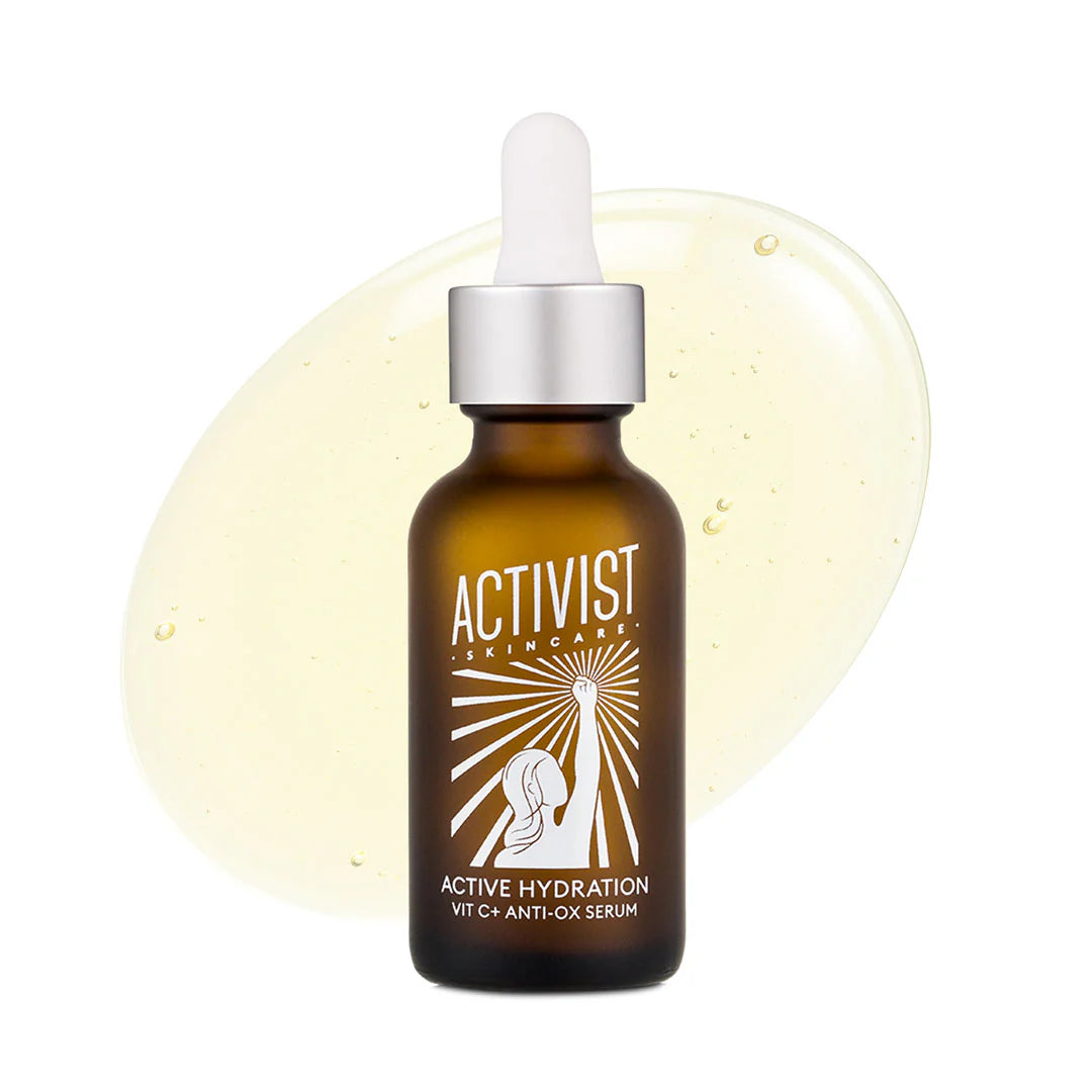 A dropper bottle of Active Hydration Vitamin C+ Antioxidant Serum by ACTIVIST, with a clear liquid and a label that features a sun and moon design.