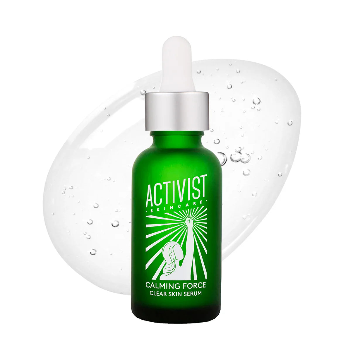 A bottle of Activist Calming Force Clear Skin Serum with a dropper, against a background of bubbles.