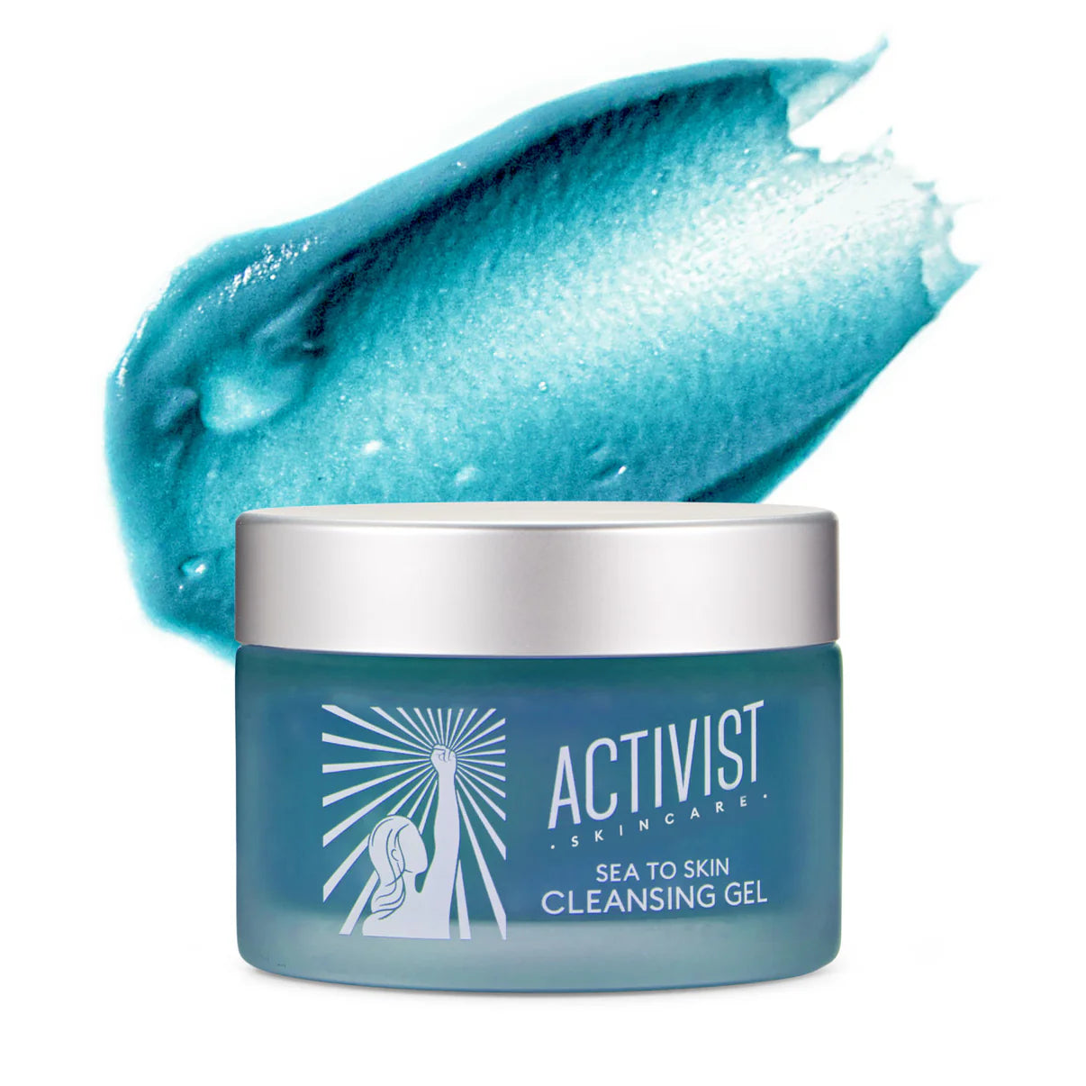 A jar of Activist Skincare Sea to Skin Cleansing Gel with a vibrant blue color swatch next to it.