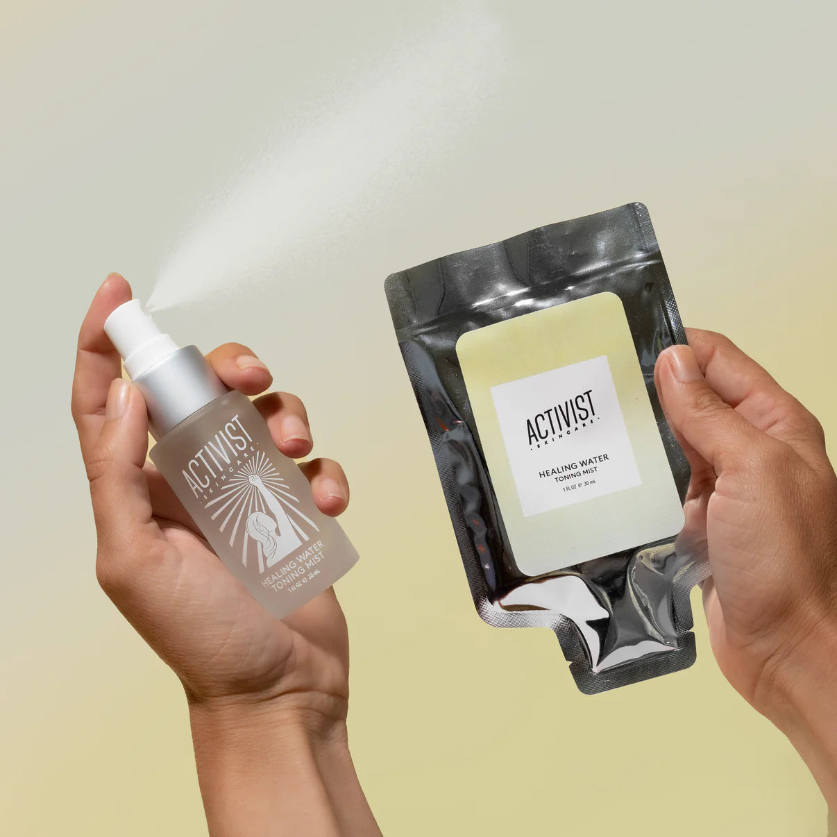 Activist toning mist from different angle.