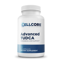 Cellcore Biosciences Advanced TUDCA bottle with 60 capsules for drainage and liver support. White container with blue text and a minimalist design.