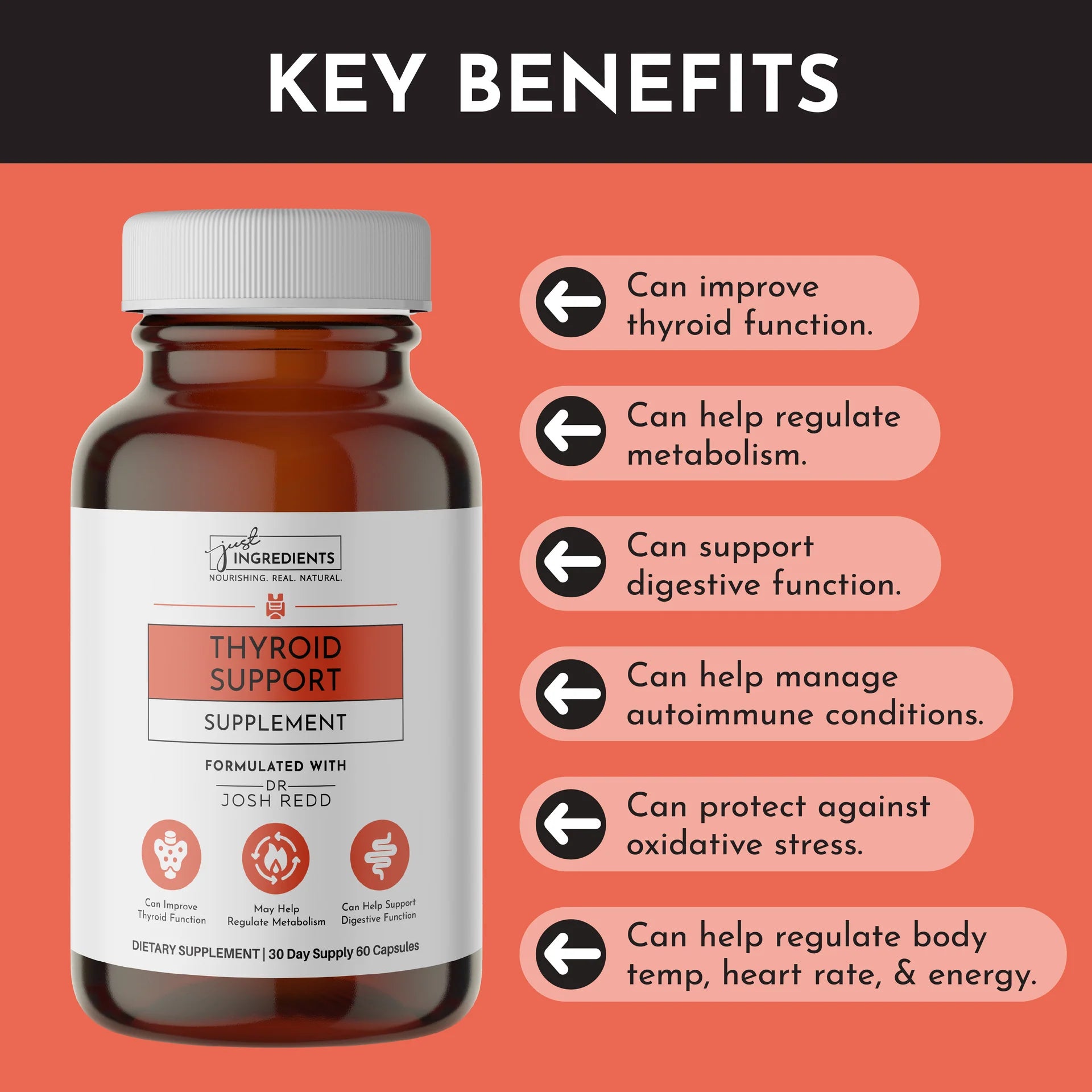 Brown bottle labeled "Thyroid Support Supplement" against a red-orange background. Text lists benefits: thyroid function, metabolism, digestive health.