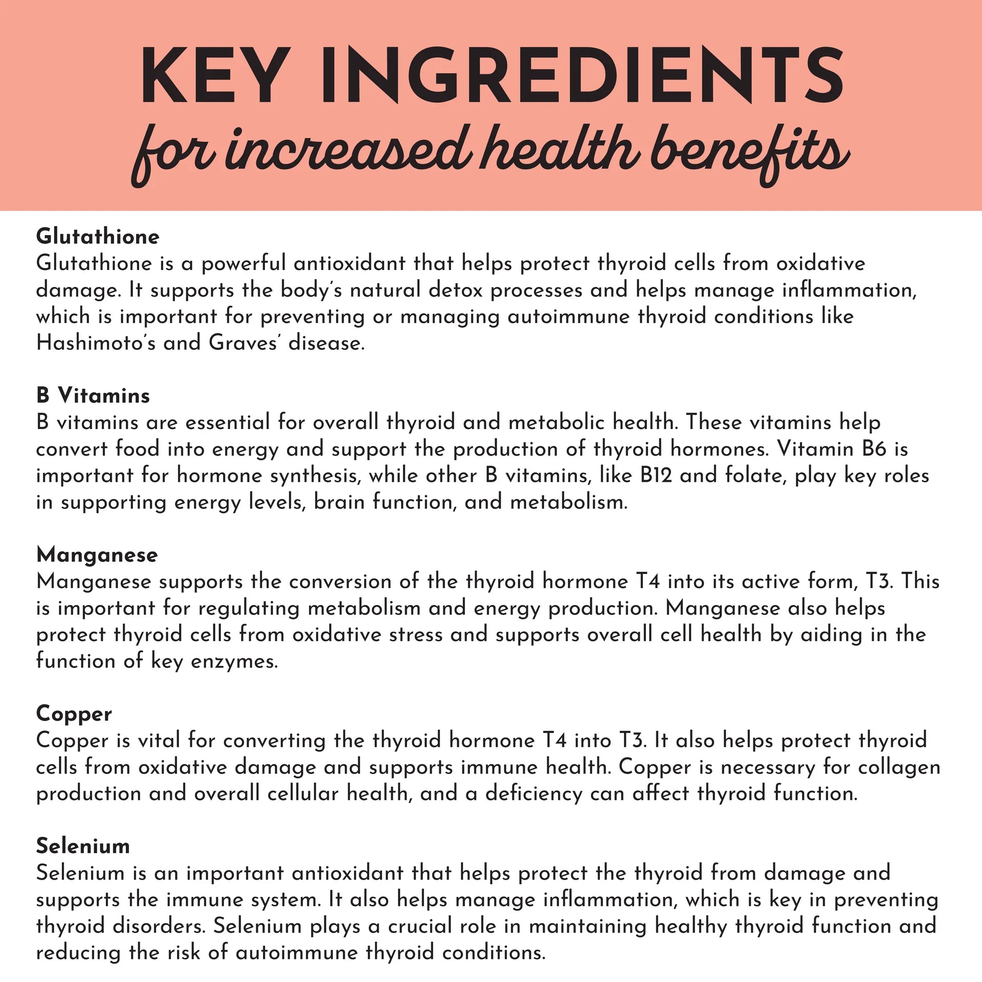 An informational graphic titled "Key Ingredients for Increased Health Benefits" outlines the benefits of glutathione, B vitamins, manganese, copper, and selenium for thyroid health. It explains how each nutrient supports thyroid function, metabolism, and protection against oxidative damage. The tone is informative and emphasizes health improvement. The background is light pink with black text.