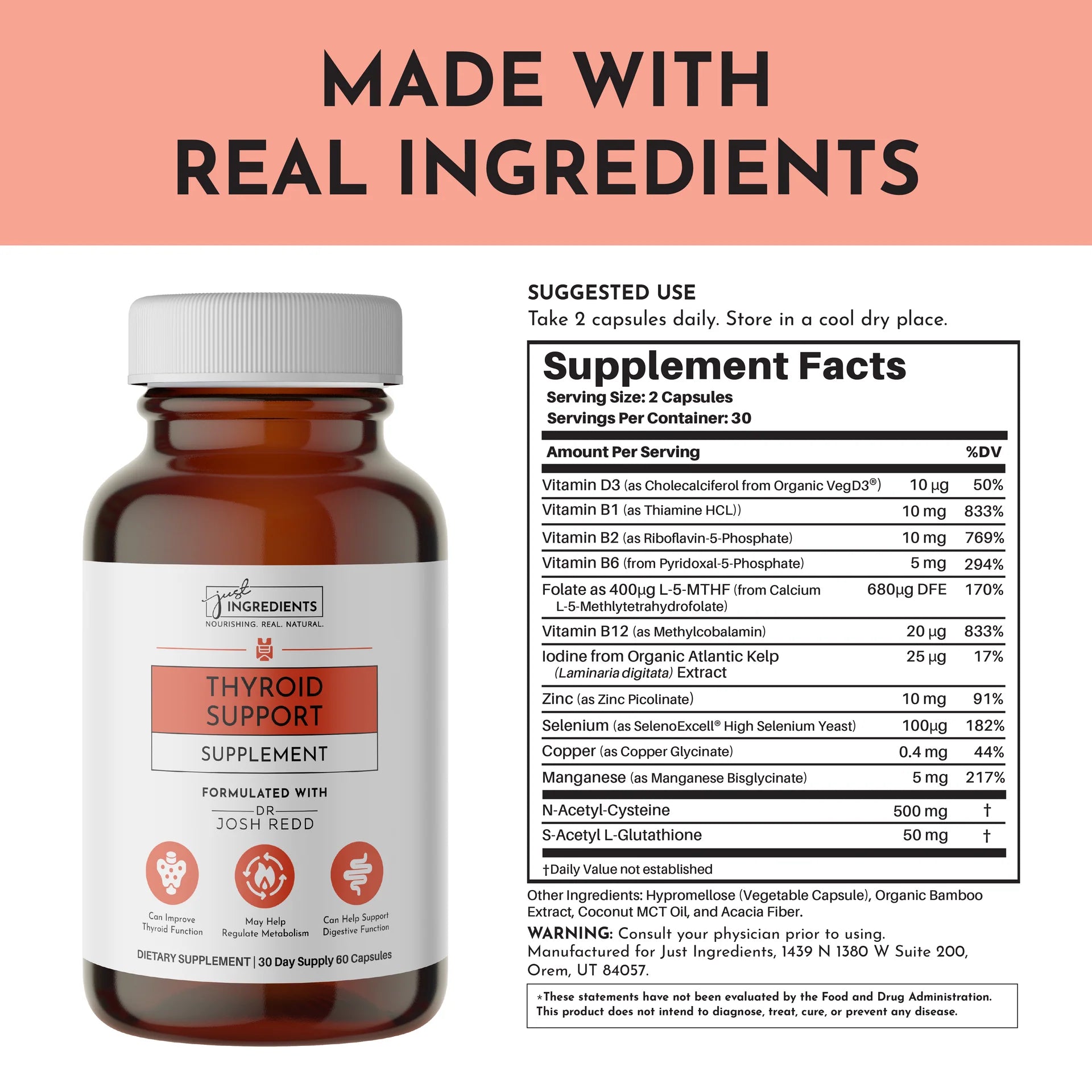 Bottle of thyroid support supplement with label featuring capsule and fruit icons. Supplement facts and usage instructions are displayed beside it. Background text states 'Made with Real Ingredients.'