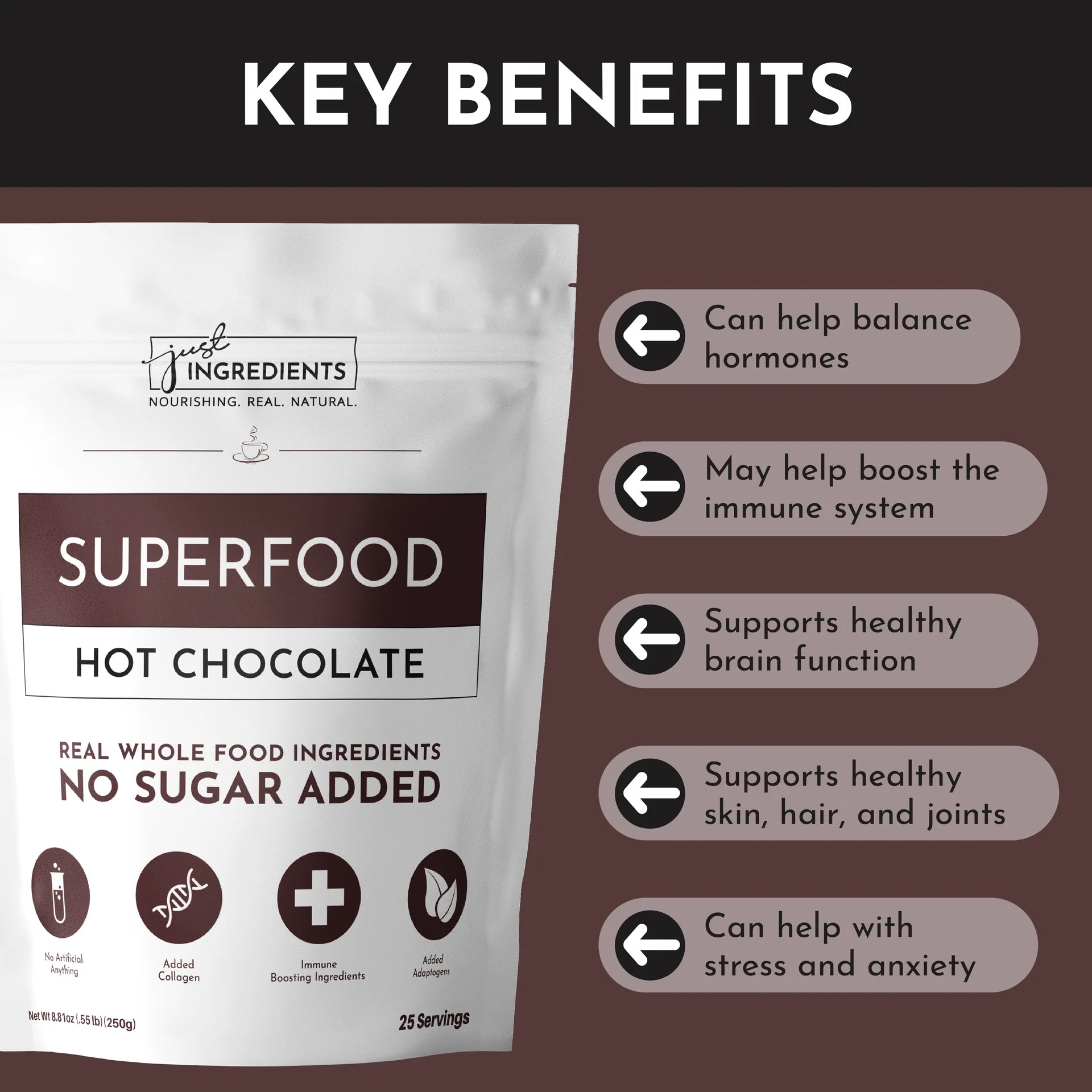 Packaging of "Superfood Hot Chocolate" with benefits list: balances hormones, boosts immune system, supports brain, skin, hair, joints, and reduces stress.