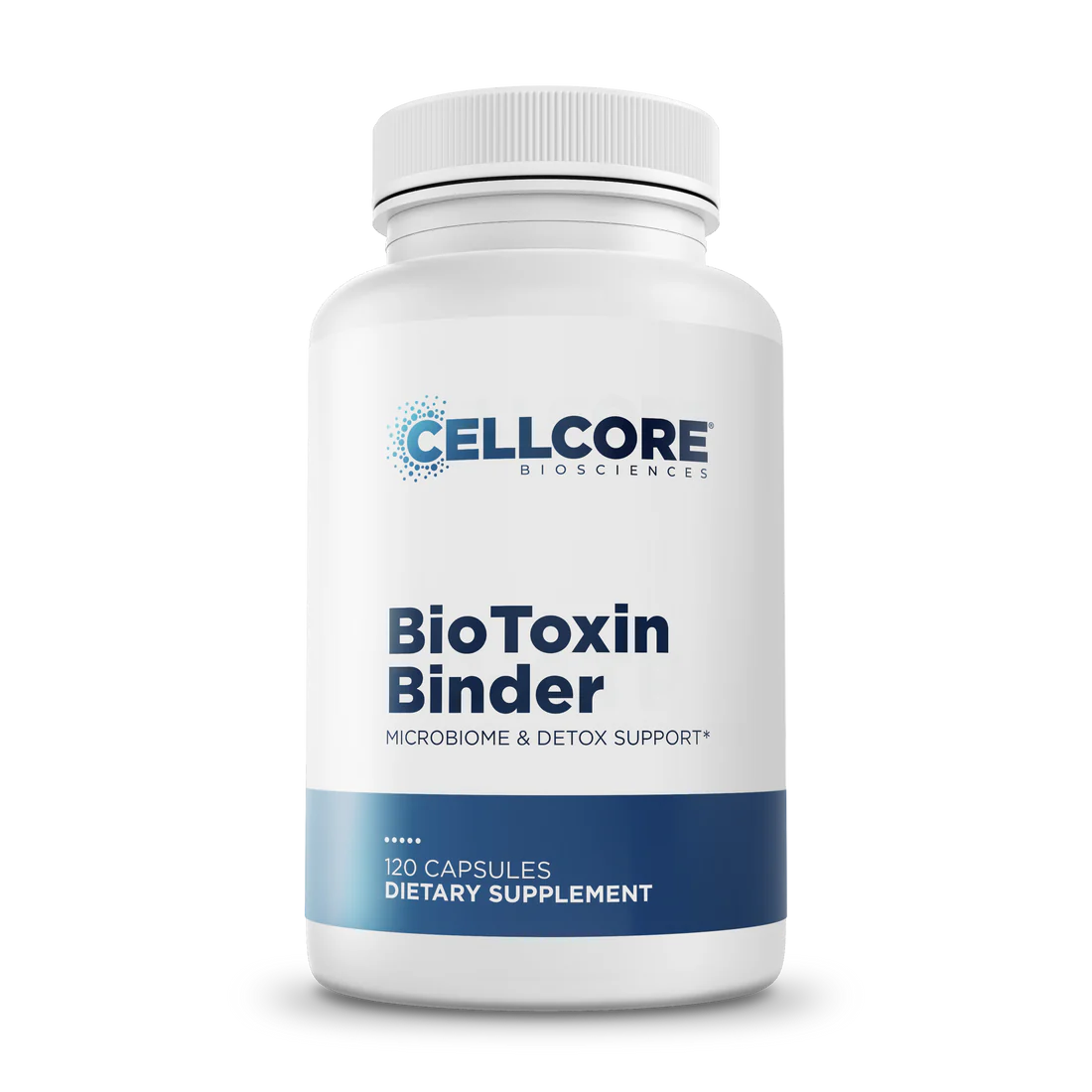 A bottle of CELLCORE BioToxin Binder, a dietary supplement formulated with BioActive Carbon® Technology.