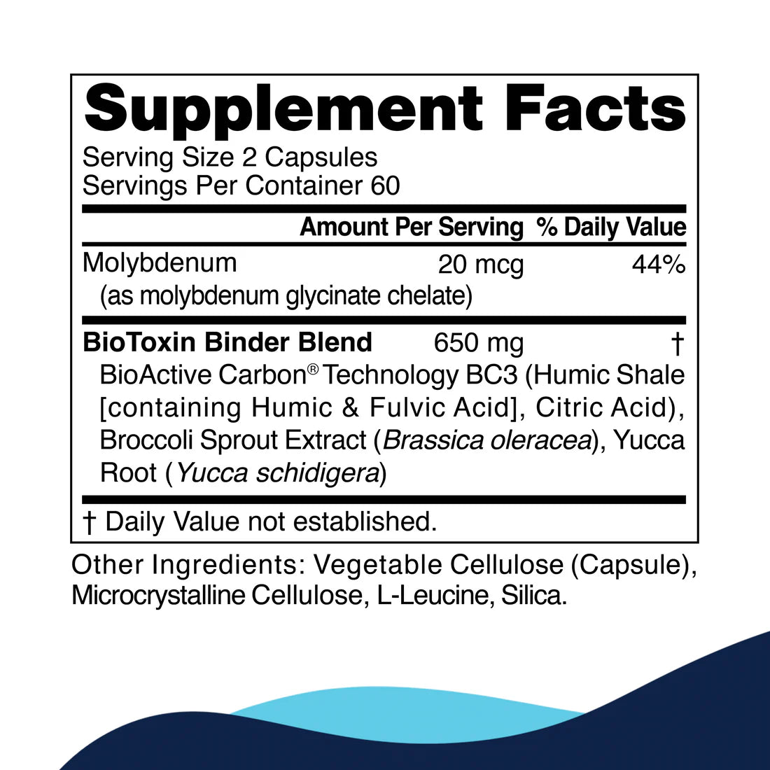 Supplement Facts label for capsules. Highlights key ingredients: Molybdenum, BioToxin Binder Blend with Broccoli Sprout Extract, and Yucca Root.