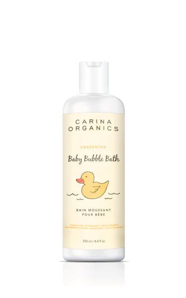 Carina Organics baby bubble bath bottle with a yellow duck illustration on a white background