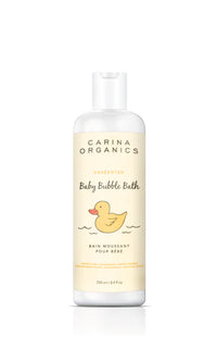 Carina Organics baby bubble bath bottle with a yellow duck illustration on a white background