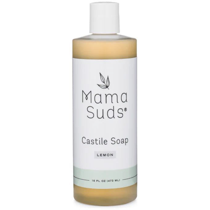 Mama Suds Castile Soap bottle with lemon scent on a white background