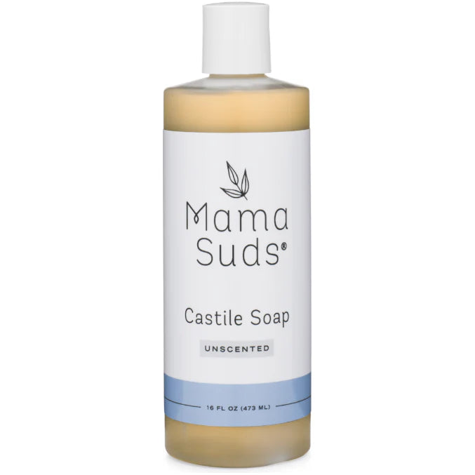 Bottle of Mama Suds Castile Soap on a white background