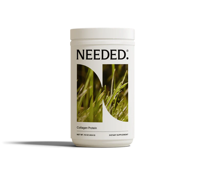 Collagen protein supplement container with grass image on a white background