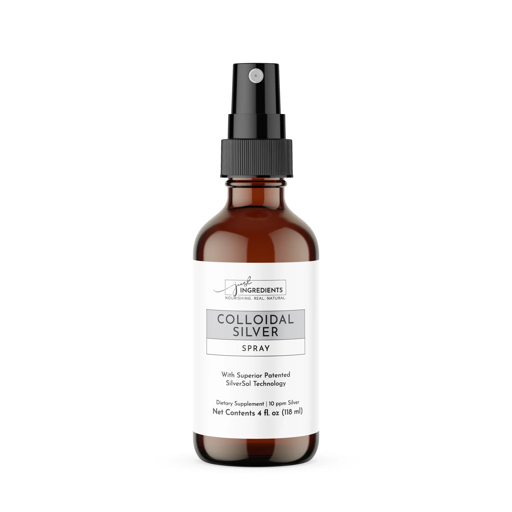 A glass bottle with a black spray nozzle containing colloidal silver spray. The label has white and grey text, stating 'Colloidal Silver Spray' and 'With Superfine Particles'.