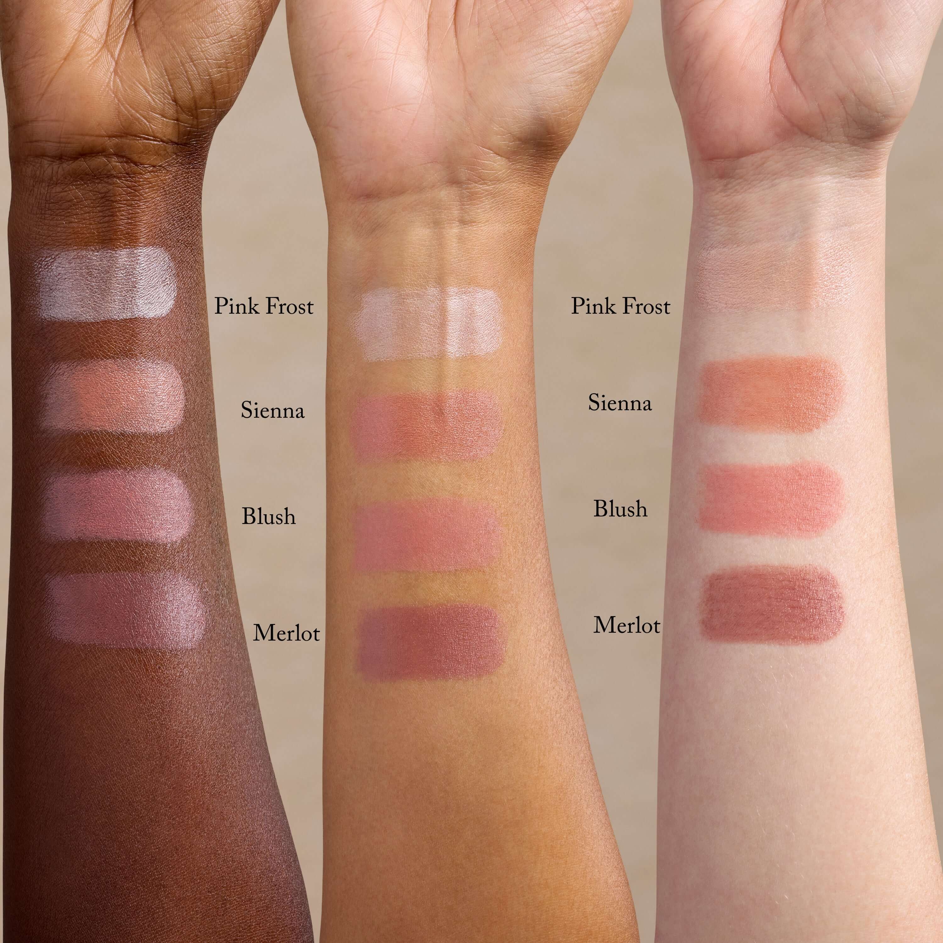 Swatches of lipsticks on three different skin tones.