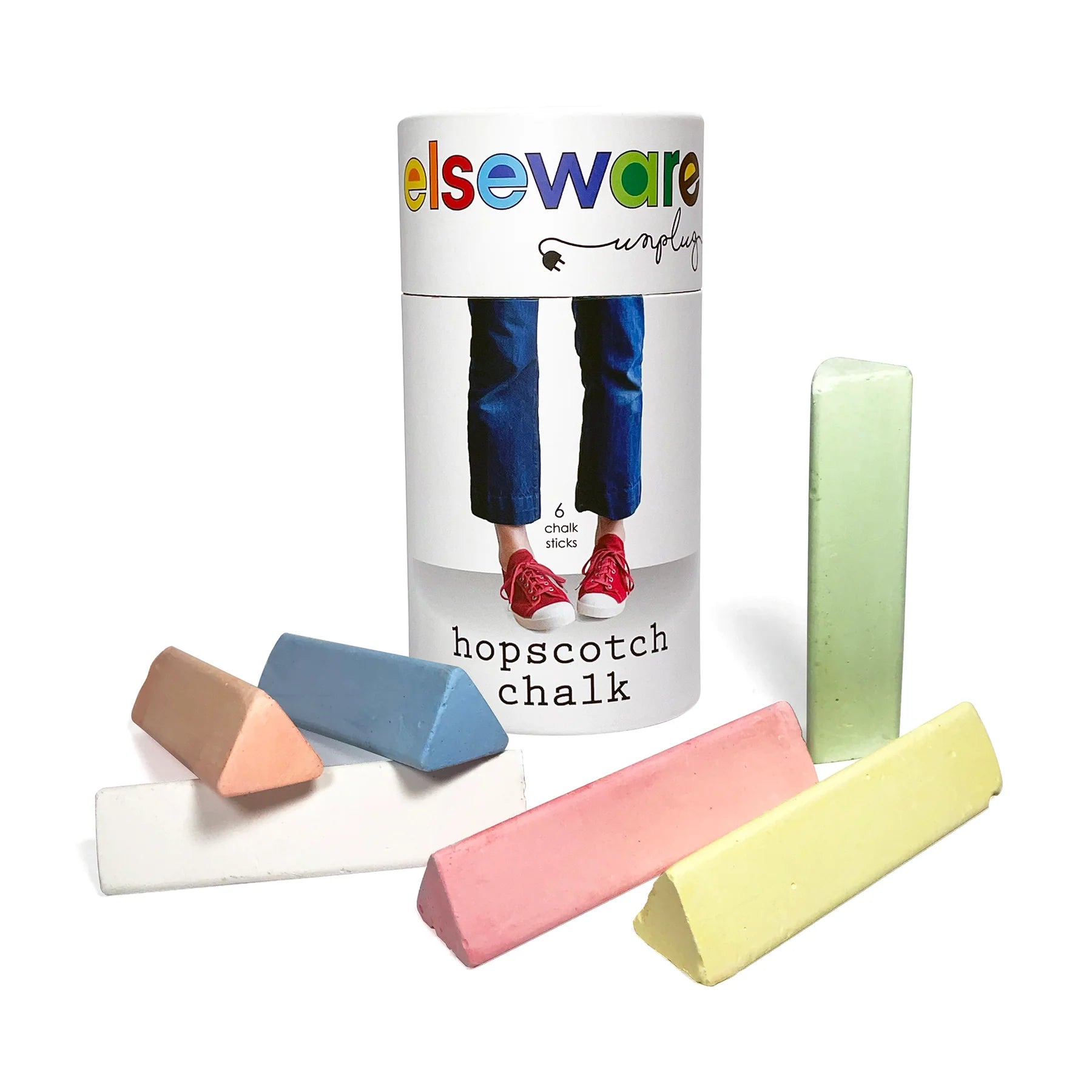 Set of colorful hopscotch chalk with packaging labeled 'elseware' on a white background