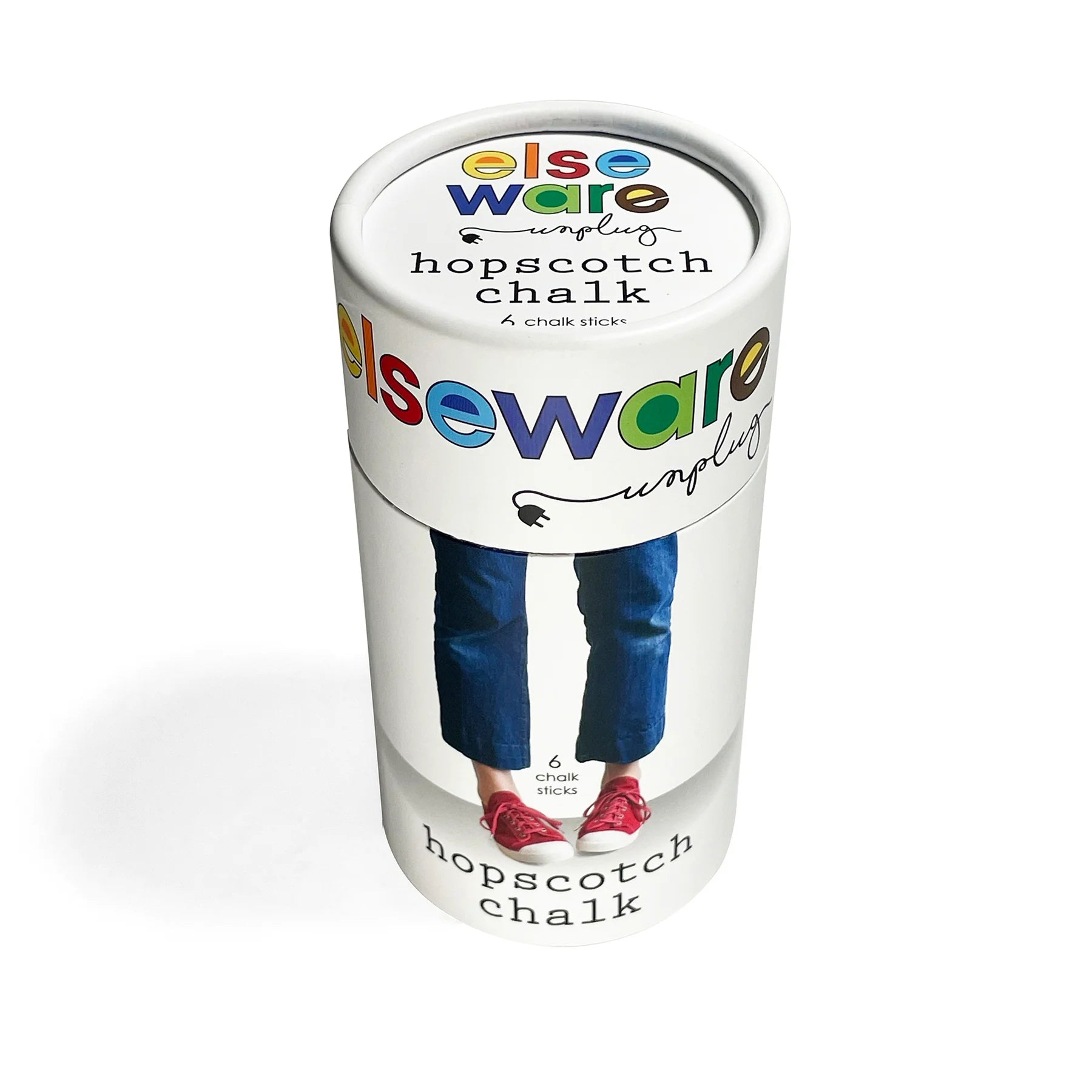 Container of else ware hopscotch chalk on a white background