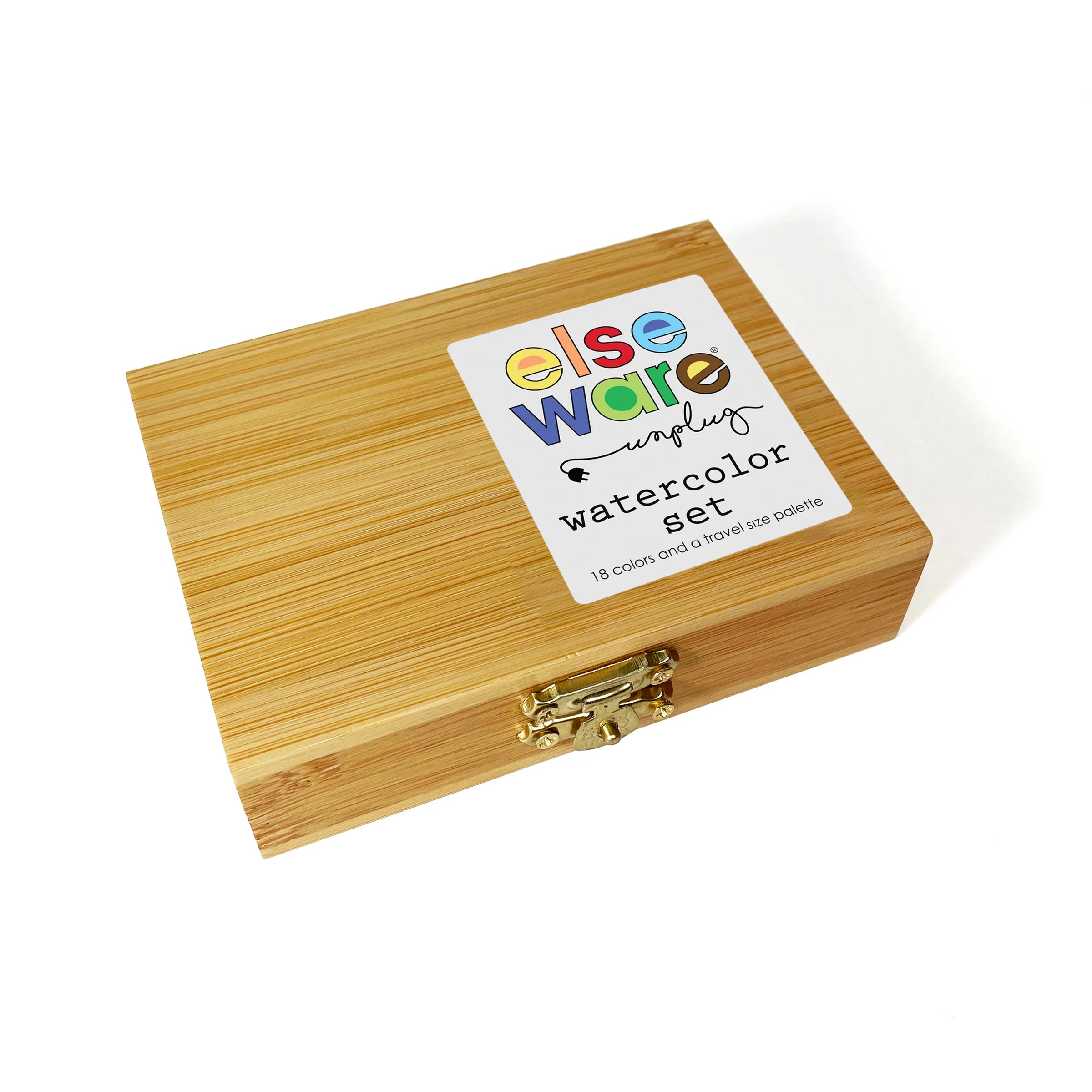 Wooden box with a elseware watercolor set label on a white background