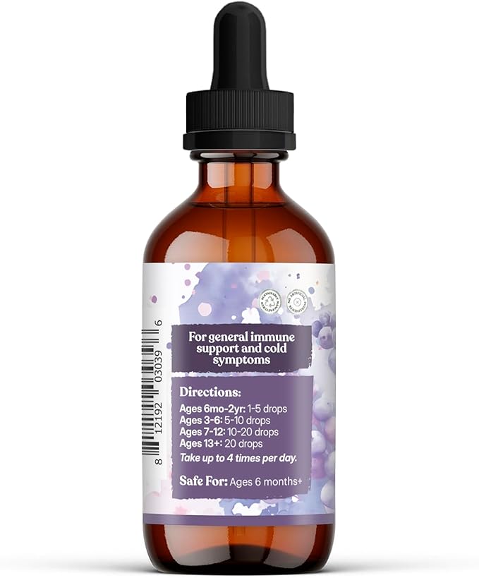 Amber glass bottle with dropper labeled for immune support and cold symptoms on a white background