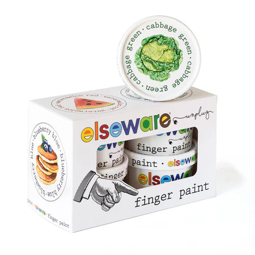 Box of Elsewhere finger paint with colorful labels on a white background