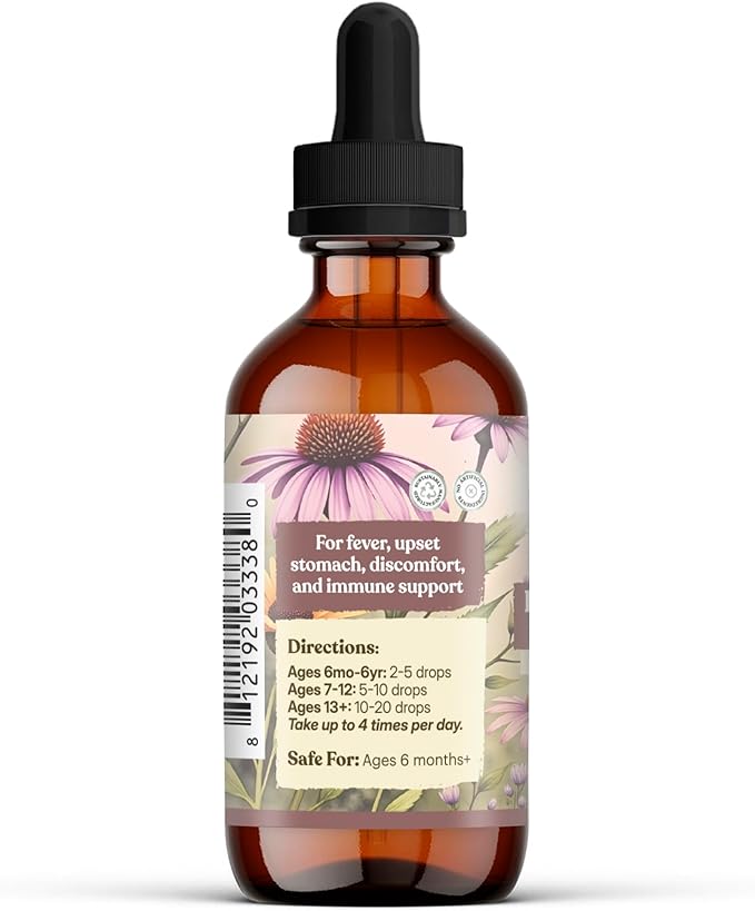 Amber glass bottle with dropper labeled for health support on a white background