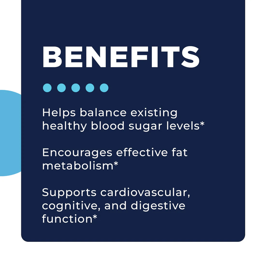A dark blue background with the word 'Benefits' in bold white letters above three light blue dots. Text lists benefits.