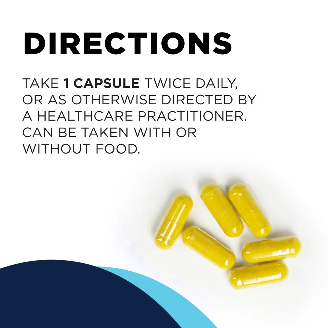 Directions for taking yellow capsules are displayed. Instruction reads: Take 1 capsule twice daily, with or without food. Blue wave design in corner.