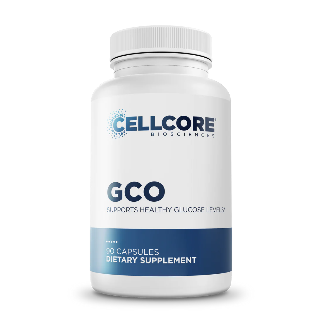 Plastic bottle of Cellcore Biosciences GCO dietary supplement, labeled "supports healthy glucose levels." Contains 90 capsules, predominantly white with blue accents.