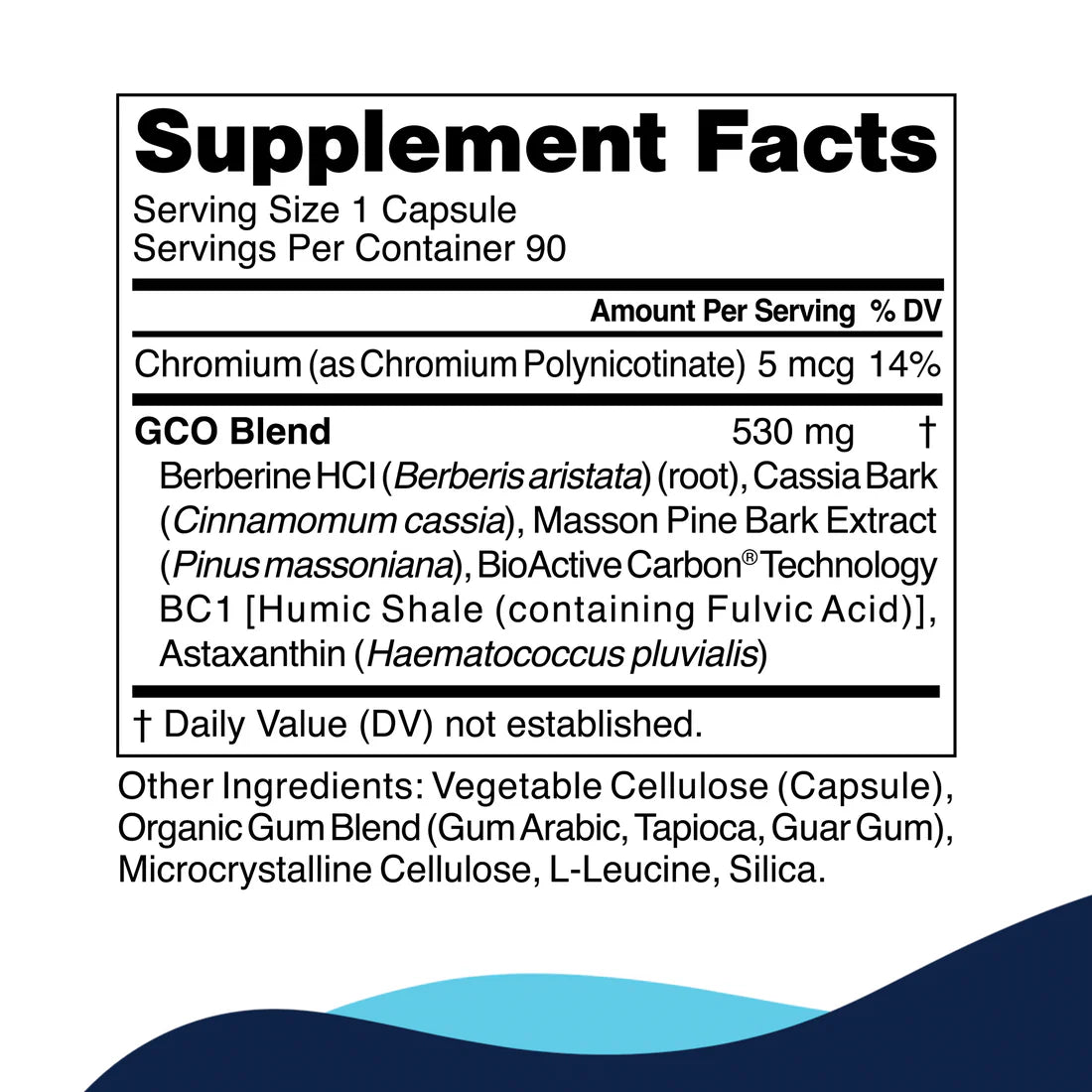 Supplement facts label for dietary supplement. Key ingredients: chromium, berberine, cassia bark, pine bark, bioactive carbon, astaxanthin. Capsules: 90.