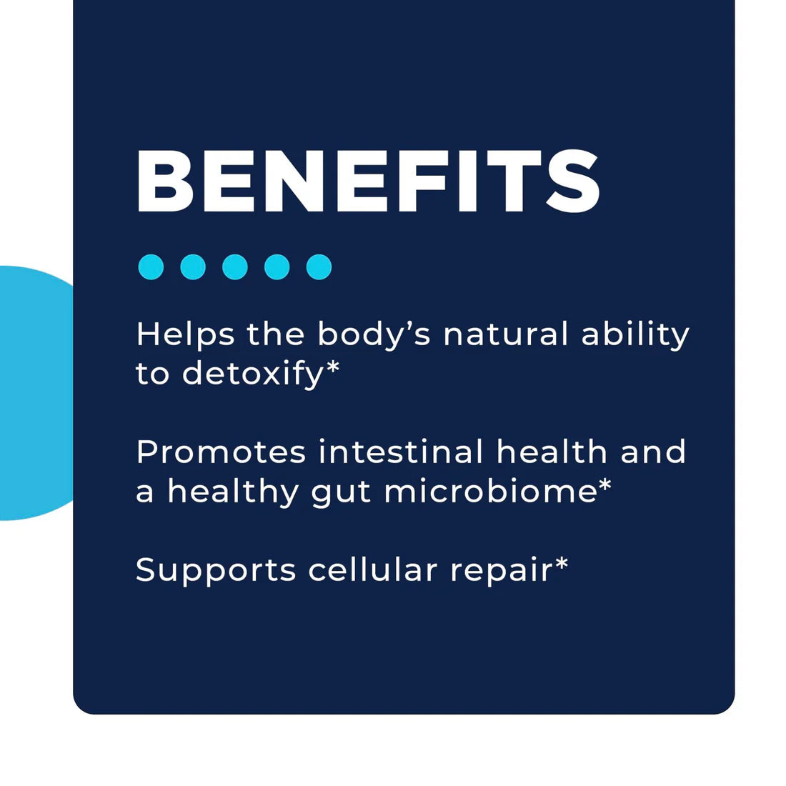 A dark blue background with the word 'Benefits' in bold white letters above three light blue dots. Text lists benefits.