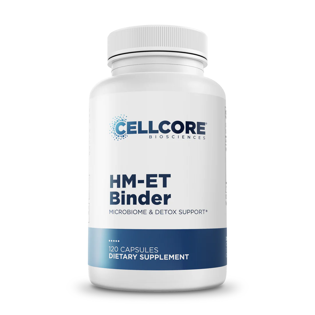 White bottle of CellCore Biosciences HM-ET Binder with blue label, displaying "Microbiome & Detox Support" and "120 Capsules Dietary Supplement."