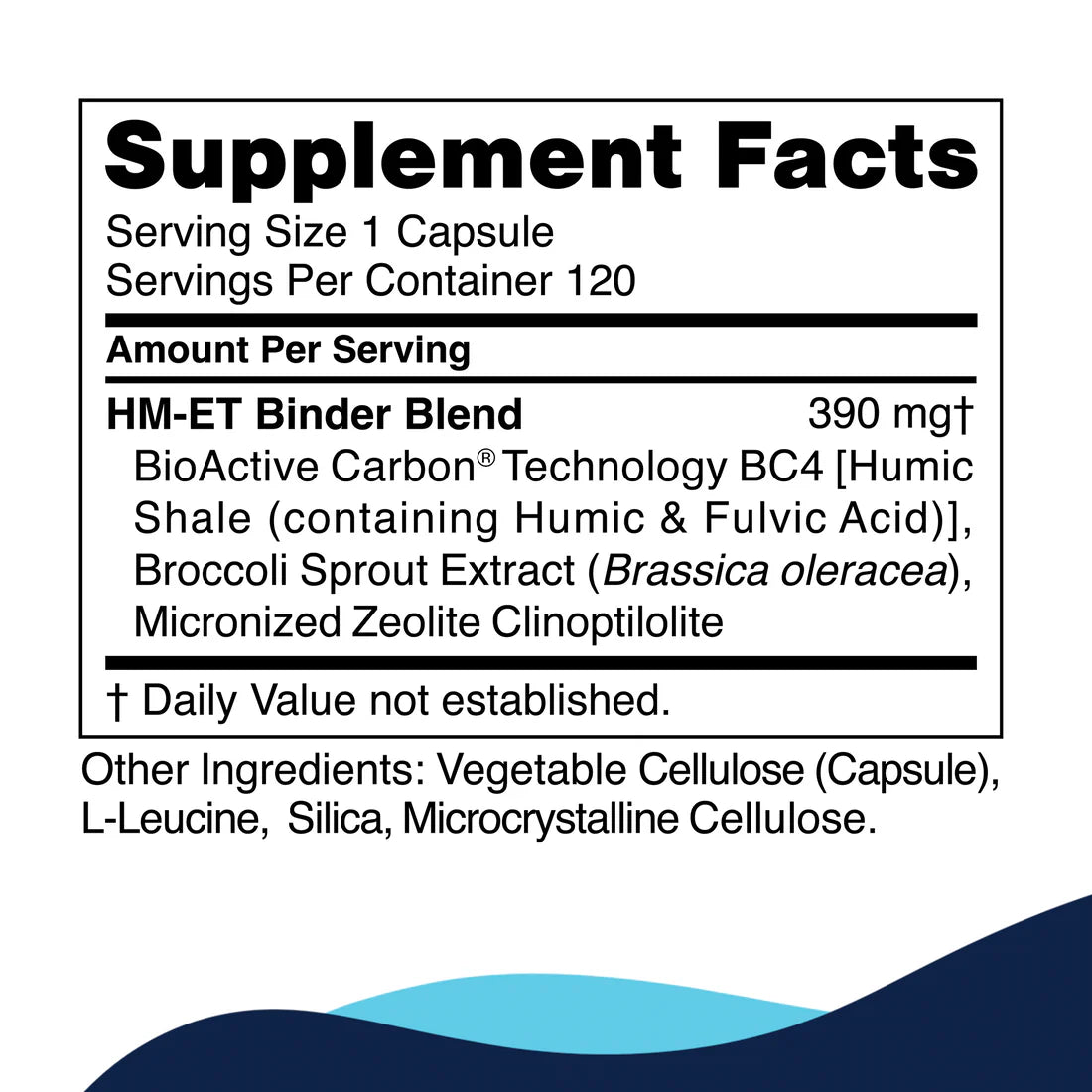 Supplement Facts label for a dietary product with a serving size of 1 capsule, containing 120 servings per container. Key ingredients include HM-ET Binder Blend with BioActive Carbon Technology, Broccoli Sprout Extract, and Micronized Zeolite Clinoptilolite. Other ingredients listed are Vegetable Cellulose, L-Leucine, Silica, and Microcrystalline Cellulose. Daily value not established.