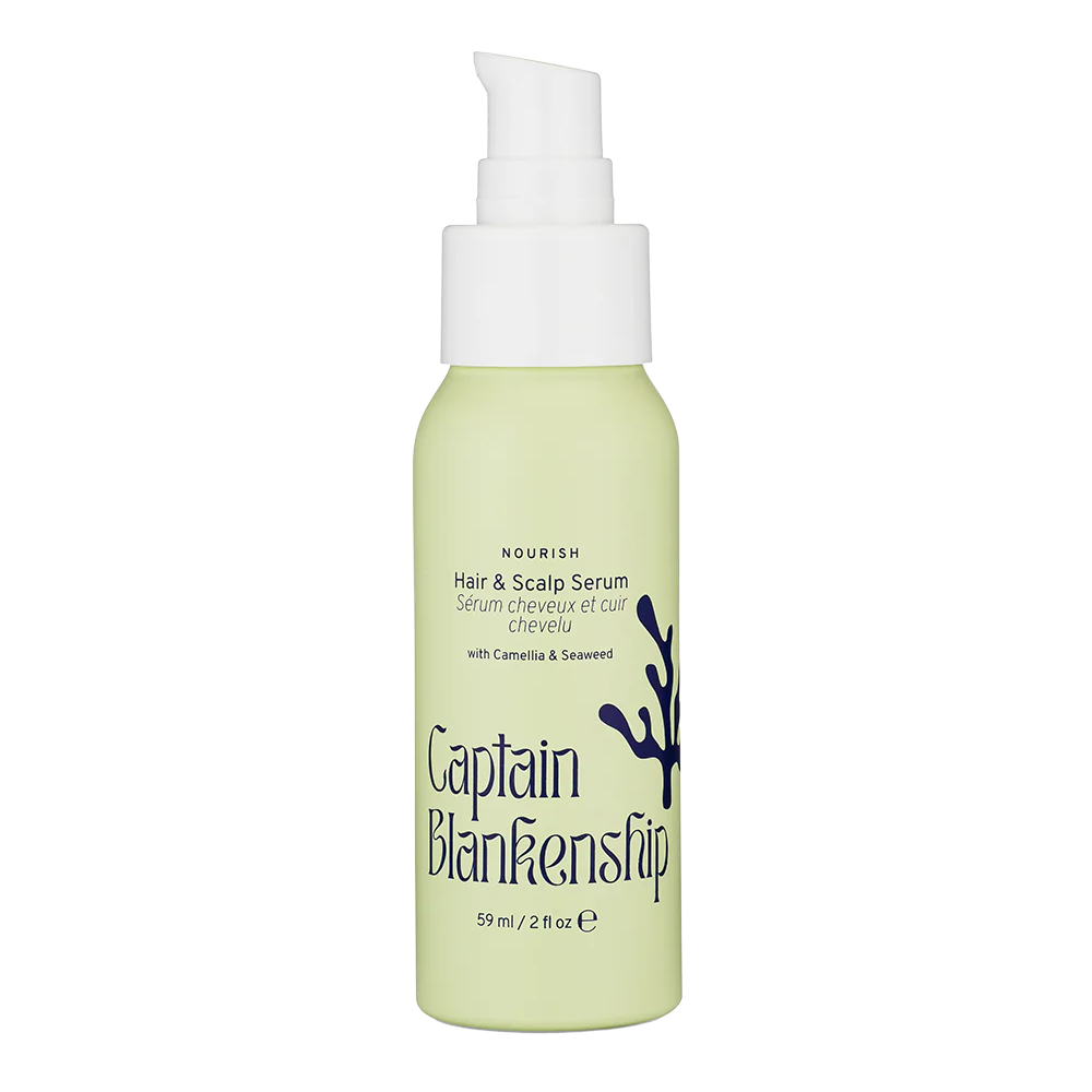 Bottle of Captain Blankenship Hair & Scalp Serum with seaweed, camellia, jojoba, and rosemary, 90 ml / 2 fl oz.