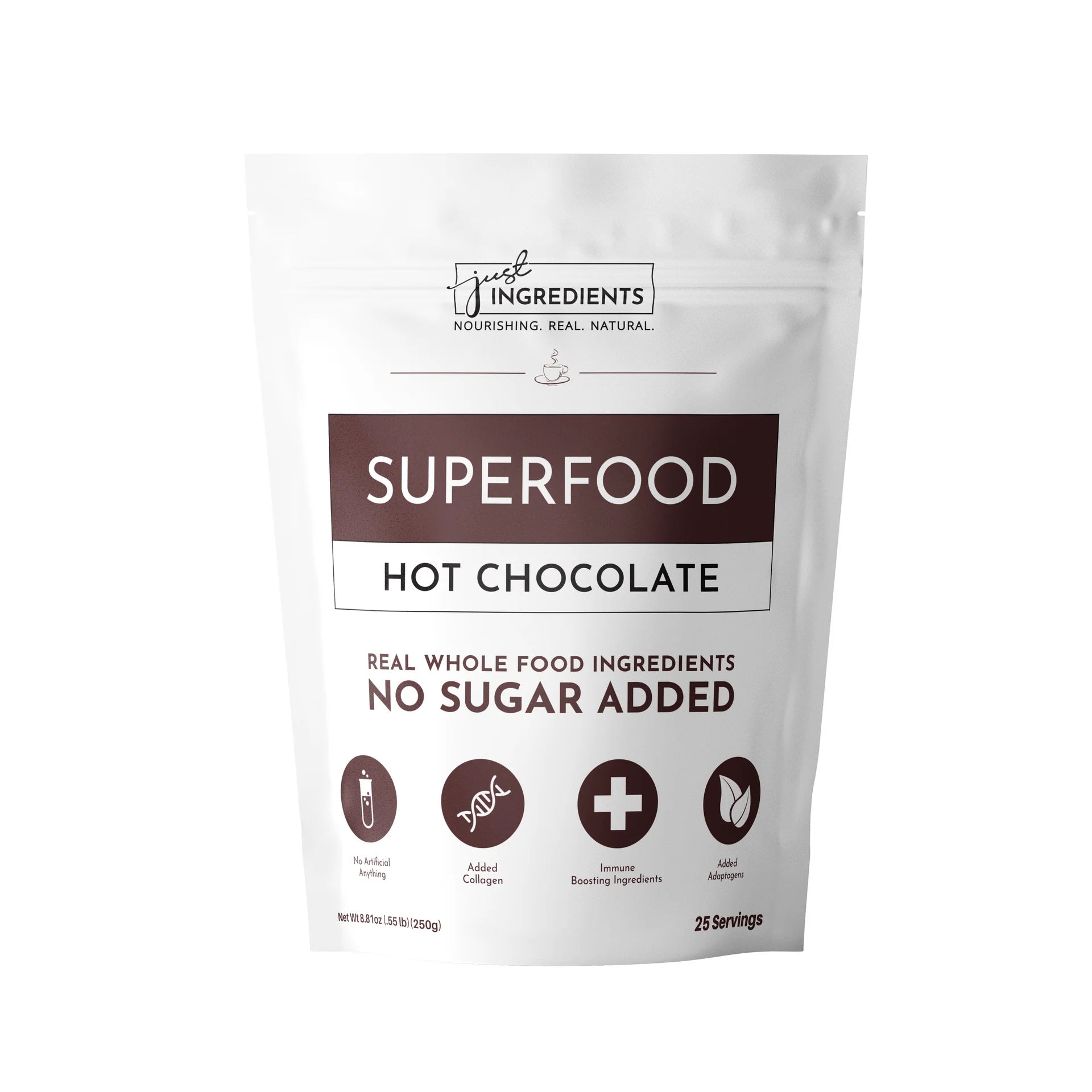 Packaging of Superfood Hot Chocolate mix with labels indicating real whole food ingredients and no sugar added.