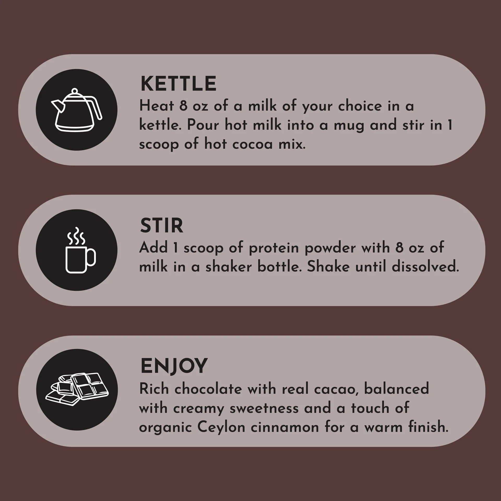 A dark brown graphic with three steps for making a hot drink. Step 1: "Kettle" with teapot icon, describes heating milk and adding cocoa mix. Step 2: "Stir" with cup icon, mentions mixing protein powder with milk. Step 3: "Enjoy" with chocolate icon, highlights rich chocolate, creamy sweetness, and Ceylon cinnamon.