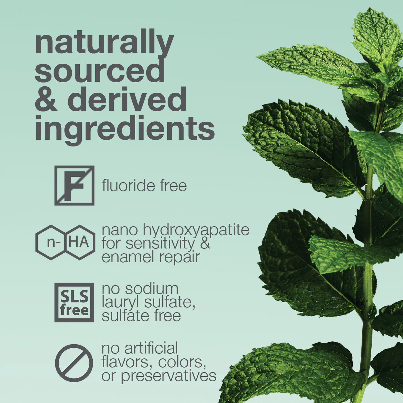 Product label with green leaf design and text about naturally sourced ingredients on a light green background.