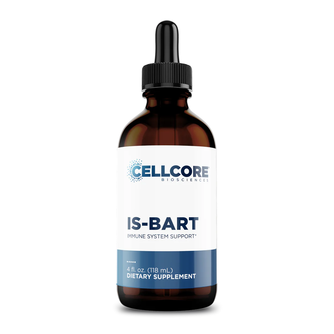 A brown glass bottle with a black dropper lid labeled "CellCore Biosciences IS-BART." It is a dietary supplement for immune system support, contains 4 fl oz.