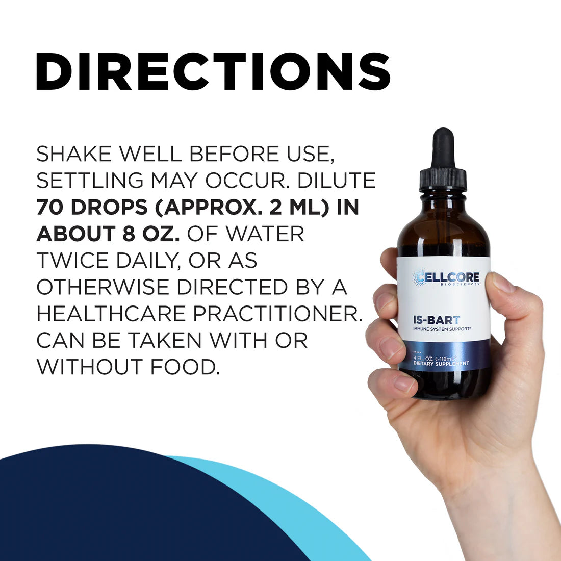 Directions for use of IS-Bart supplement include shaking well, diluting 70 drops in water twice daily. A hand holds the product bottle.