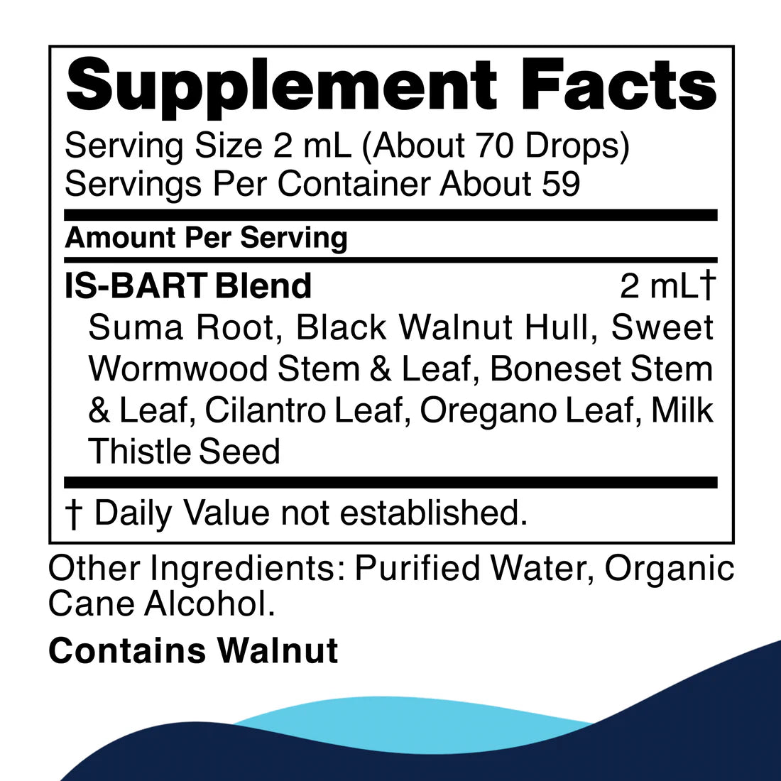 Supplement facts label for a herbal blend. Ingredients include suma root, black walnut hull, and others. Contains walnut. Serving size 2 mL.