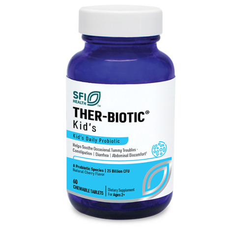 Bottle of SFI Health Ther-Biotic Kids' probiotic supplement on a white background