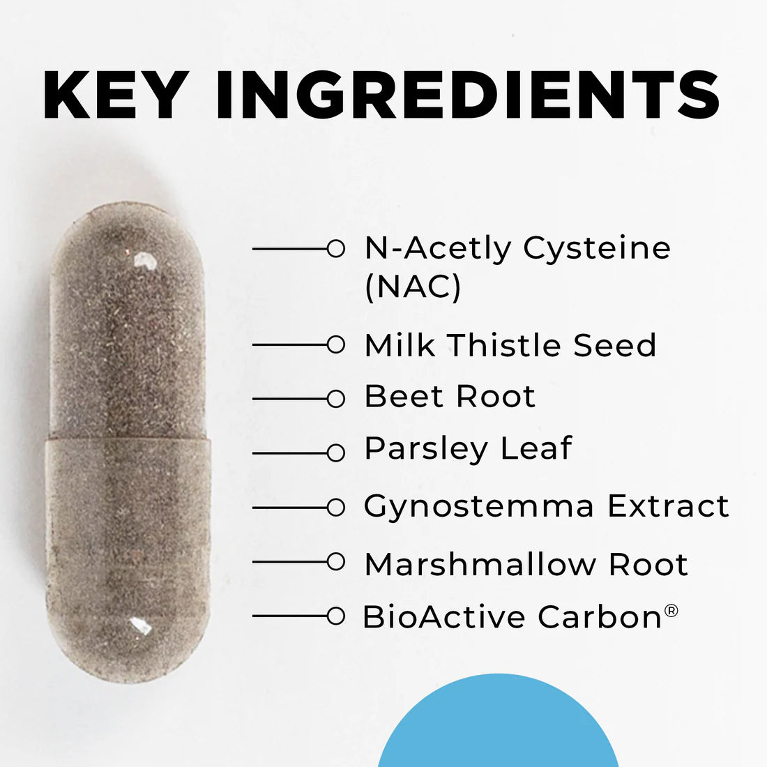 A brown capsule is shown alongside a list of key ingredients: N-Acetyl Cysteine, Milk Thistle, Beet Root, Parsley, Gynostemma, Marshmallow Root, BioActive Carbon.