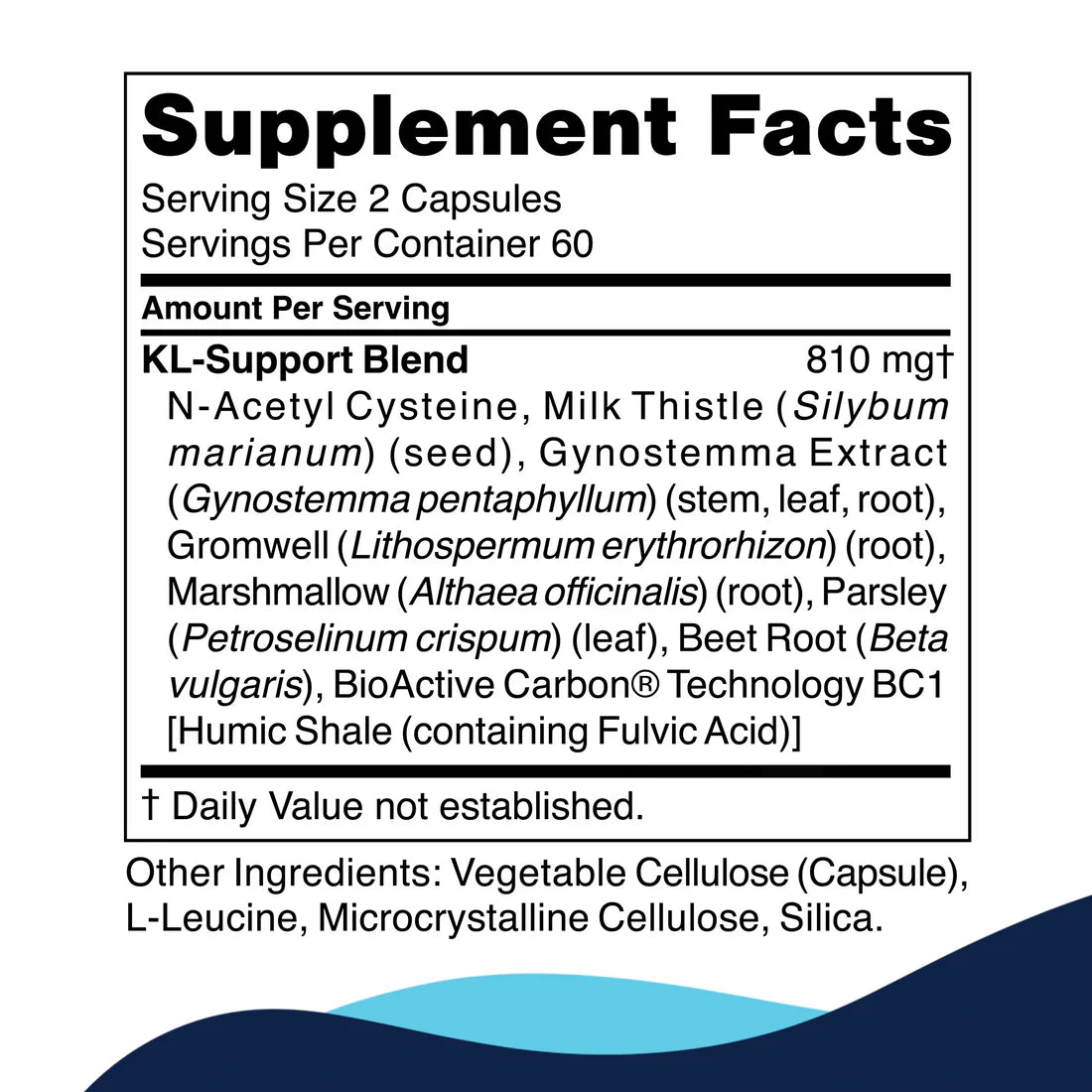 Supplement facts label detailing KL-Support Blend ingredients including N-Acetyl Cysteine, Milk Thistle, Gynostemma, and others. Serving size is 2 capsules.